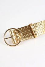Metallic gold PU leather circle shape buckle belt with woven texture