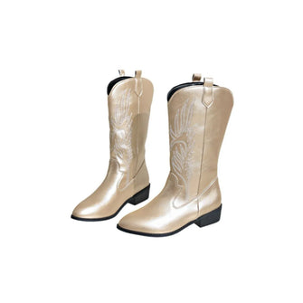 Metallic Gold Western Cowboy Boots with Comfortable Block Heel for Women Gold