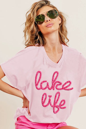 Metallic Letter Short Dolman Sleeve T Shirt for Women BLUSH