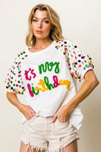 Metallic Letter Spangle Raglan Puff Sleeve Birthday T Shirt for Women Woman T Shirts