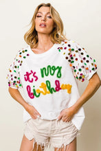 Metallic Letter Spangle Raglan Puff Sleeve Birthday T Shirt for Women