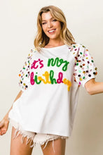 Metallic Letter Spangle Raglan Puff Sleeve Birthday T Shirt for Women Woman T Shirts