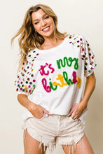 Metallic Letter Spangle Raglan Puff Sleeve Birthday T Shirt for Women