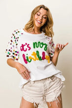 Metallic Letter Spangle Raglan Puff Sleeve Birthday T Shirt for Women Woman T Shirts