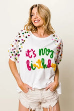 Metallic Letter Spangle Raglan Puff Sleeve Birthday T Shirt for Women Woman T Shirts