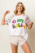 Metallic Letter Spangle Raglan Puff Sleeve Birthday T Shirt for Women OFF WHITE