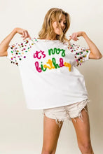 Metallic Letter Spangle Raglan Puff Sleeve Birthday T Shirt for Women Woman T Shirts