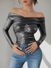 Metallic Off Shoulder Long Sleeve Bodysuit for Women Black