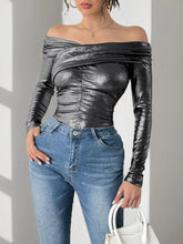 Metallic Off Shoulder Long Sleeve Bodysuit for Women
