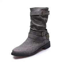 Brown and Gray Buckle Strap Boots with Mid Heel Height for Women Gray