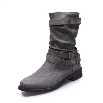 Brown and Gray Buckle Strap Boots with Mid Heel Height for Women Gray