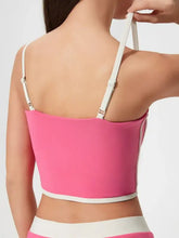 Neon pink and white striped bikini top with contrast trim and detachable chest pads