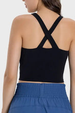 Millennia Crisscross Grecian Neck Active Cami sports bra in black with blue waistband