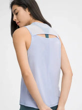 Lavender sleeveless round neck active tank with back cutout, machine wash cold