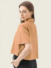 Beige Millennia Half Button Short Sleeve T-Shirt with black drawstring waist