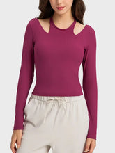 Millennia Halter long sleeve sporty top in magenta ribbed fabric with cut-out neckline