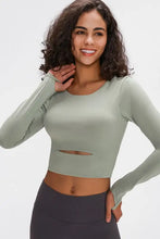 Sage green Millennia long sleeve cropped top with sports strap cutout