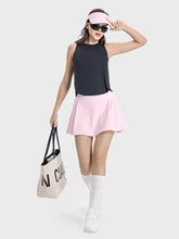 Millennia Round Neck Active Tank with pink pleated mini skirt, white sneakers, bust length black top