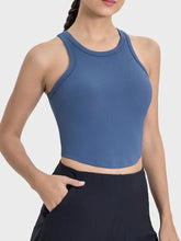 Millennia Round Neck Racerback Active Tank in blue ribbed fabric