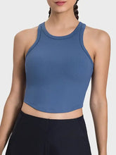 Millennia Round Neck Racerback Active Tank in blue ribbed crop top with high neckline