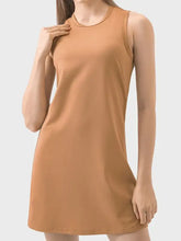 Millennia round neck sleeveless active dress in caramel, machine wash cold