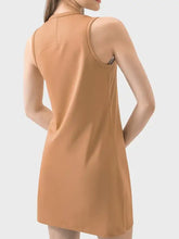 Caramel halter neck sleeveless mini dress with round neck and side pockets