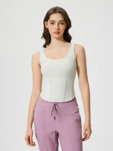 Round neck active tank with detachable chest pads and lavender drawstring pants