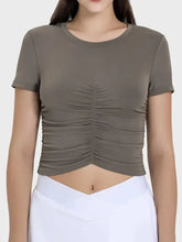 Millennia Ruched Round Neck Short Sleeve Active T-Shirt Mocha Woman Activewear