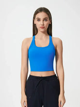 Blue Millennia scoop neck active tank with detachable chest pads
