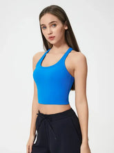 Blue Millennia scoop neck active tank with detachable chest pads