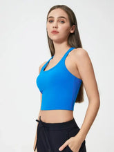 Millennia scoop neck active tank with detachable chest pads, blue racerback