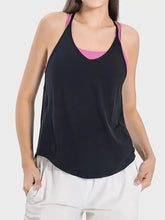 Black and pink Millennia racerback tank top with stretchy fabric, ideal bust length