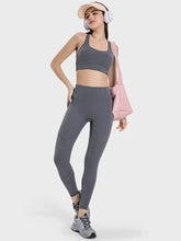 Grey high-waist ribbed leggings with square neck tank, machine wash cold
