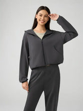 Charcoal gray Millennia Zip Up Dropped Shoulder Active hooded sweatshirt with long sleeve length