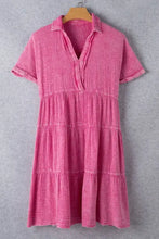 Mineral Wash Crinkle Split Neck Raw Hem Tiered Dress Casual Dresses