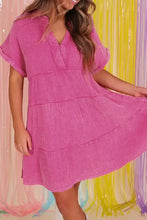 Mineral Wash Crinkle Split Neck Raw Hem Tiered Dress Casual Dresses