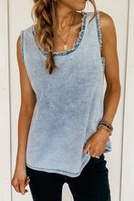 Mineral Wash Denim Frayed U Neck Sleeveless Top Woman Denim Tops