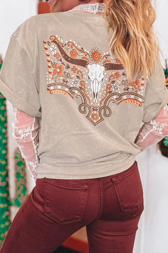 Mineral Wash Floral and Steer Head Cotton T Shirts for Women Dust Storm