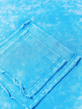 A vibrant blue denim mineral wash raw seam double patched pocket sweatshirt with distressed faded wash and frayed edges machine wash care instructions