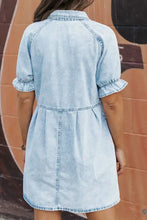 Light blue denim dress with short puffed sleeves and collar in mineral wash featuring ruffle sleeve detail