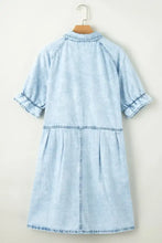Light blue mineral wash denim dress with short ruffle sleeves and pleated skirt for casual wear