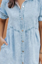 Light blue mineral wash ruffle sleeve denim dress with short sleeves and button-front design for casual wear