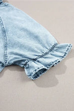 Light-wash denim dress with short sleeves and mineral wash ruffle hem detail in soft denim material