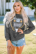 Mineral Washed COW'S FIRST RODEO Round Neck Raglan Sleeve Sweatshirt Dark Gray Woman Sweatshirts