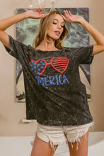 Mineral Washed Distressed Graphic Tee with July Theme Heart Sunglasses Woman T Shirts