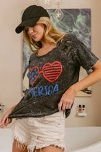 Mineral Washed Distressed Graphic Tee with July Theme Heart Sunglasses Woman T Shirts