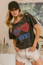 Mineral Washed Distressed Graphic Tee with July Theme Heart Sunglasses Woman T Shirts