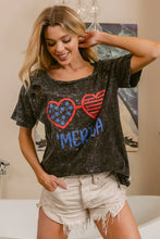 Mineral Washed Distressed Graphic Tee with July Theme Heart Sunglasses BLACK CHARCOAL