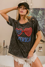 Mineral Washed Distressed Graphic Tee with July Theme Heart Sunglasses
