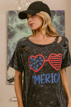 Mineral Washed Distressed Graphic Tee with July Theme Heart Sunglasses Woman T Shirts